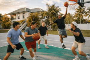 Group of young men playing outdoor basketball on a court with a hoop in a sunny setting.